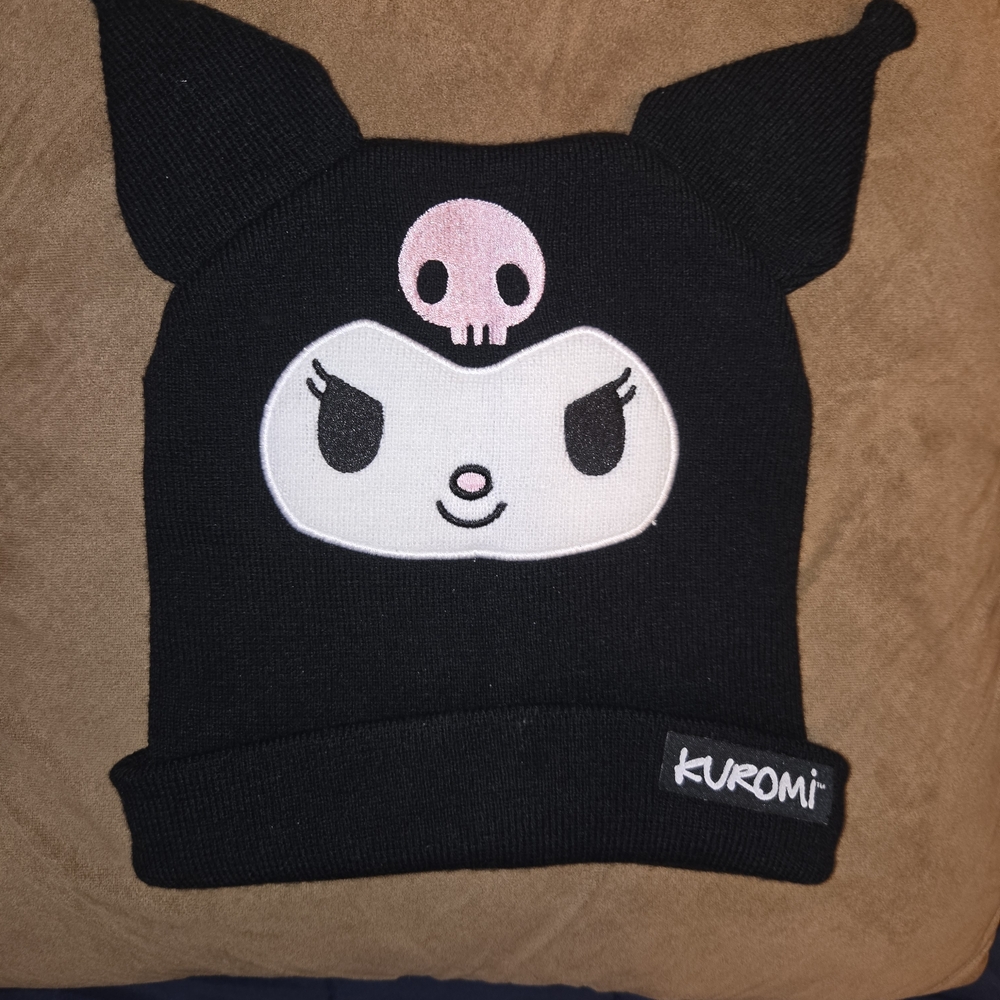 Sanrio Kuromi Black Beanie Hat with Pink Skull Accent